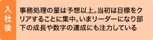 入社後：事務処理の量は予想以上。当初は目標をクリアすることに集中。いまリーダーになり部下の成長や数字の達成にも注力している